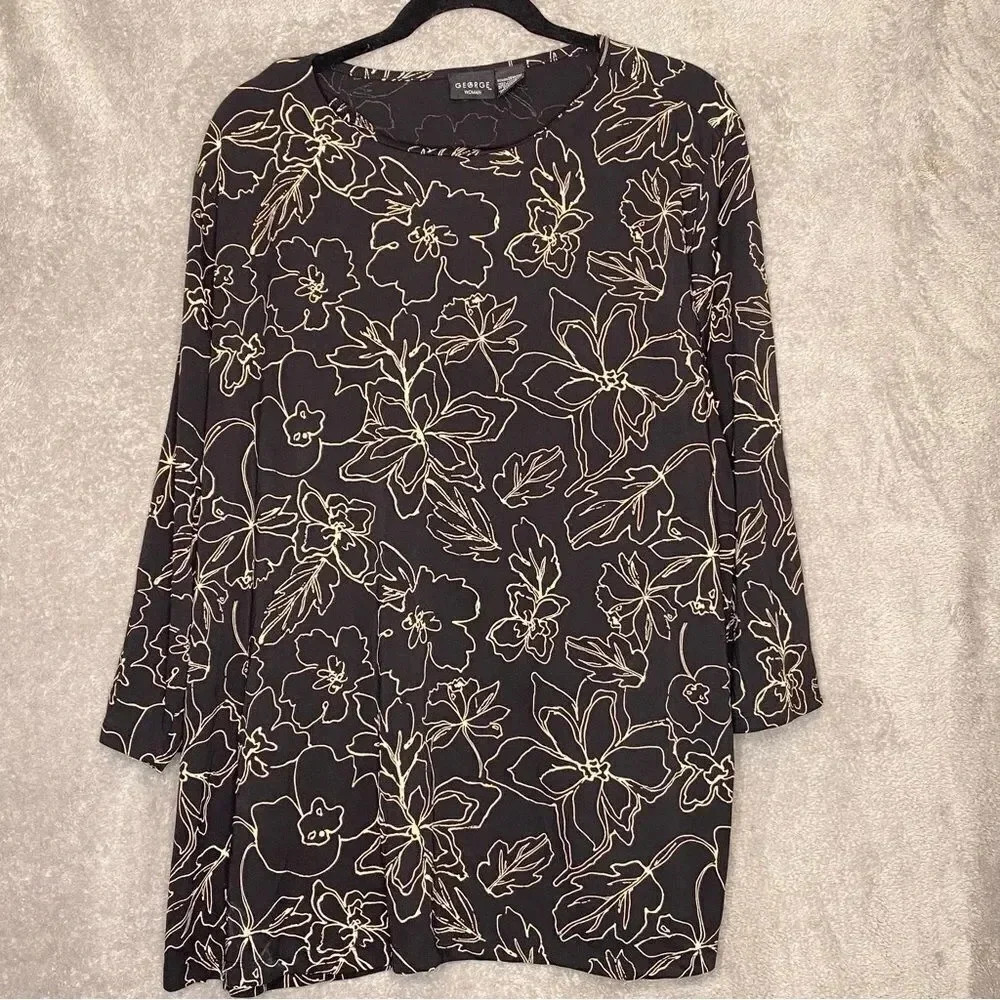 George Top Shirt 26W‎ 28W Black Brown Floral 3/4 Sleeve Round Neck Womens